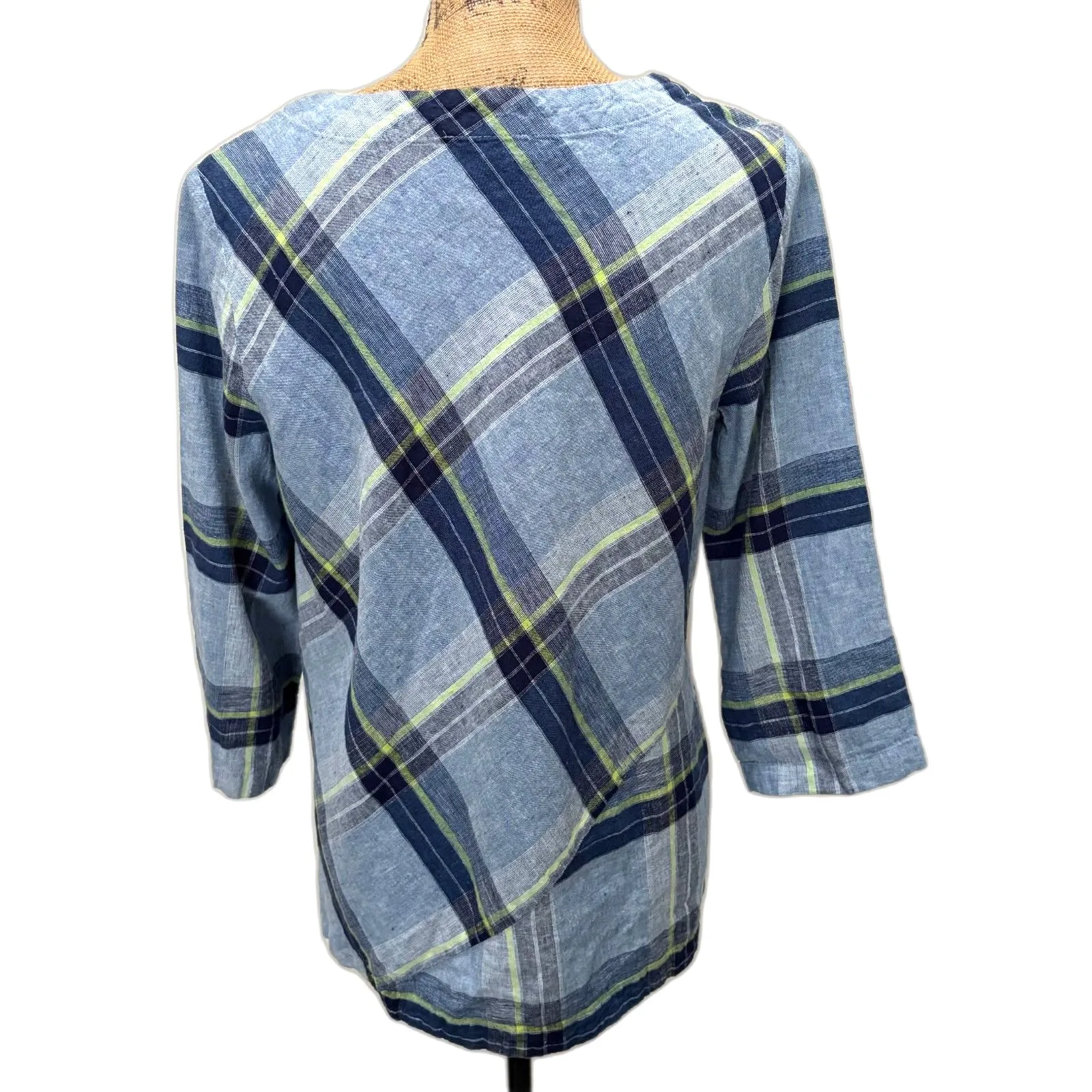 Habitat Linen Plaid Blouse Asymmetric Two Tone‎ Blue Lagenlook Artsy Size Small - Image 2