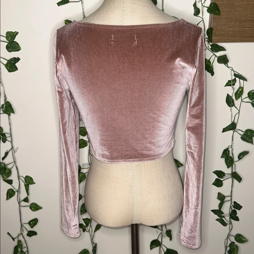 Urban Outfitters Paradox Ruched Mauve Pink Velvet Ribbed Longsleeve Crop Top - Image 3