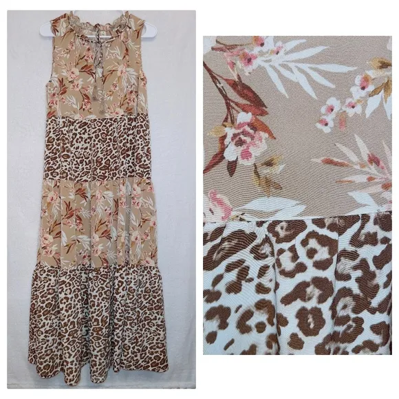 Versona Sleeveless Floral Cheetah Print Tiered Midi Dress size medium - Image 2