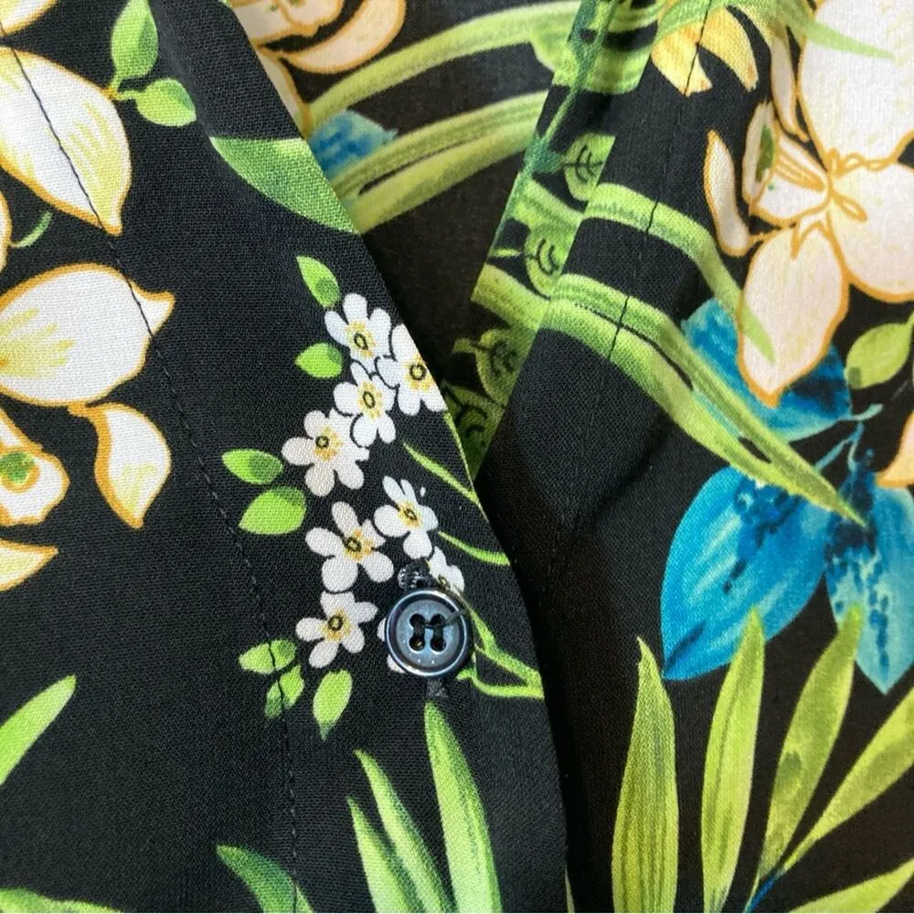 Vintage Sarah Bentley Tropical Plants Flowers Short Sleeve Button Up Blouse Top Black Size M - Image 5