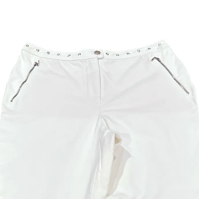 St. John Sport High Rise Flare White Stretch Goldtone Zippered Pocket Jean Pants Size 12 - Image 4