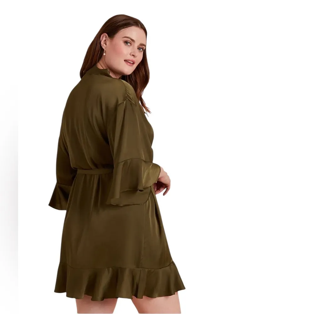 BIRDY GREY KENNY RUFFLE SHINY SATIN OLIVE GREEN WRAP AROUND ROBE M L - Image 4