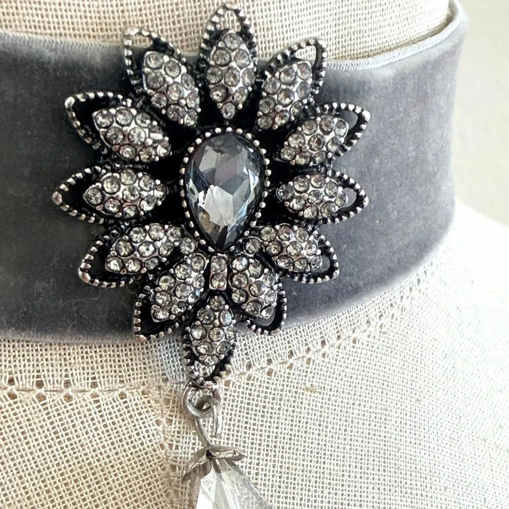 Gray Velvet Choker Necklace with Rhinestone Floral Drop - Image 2