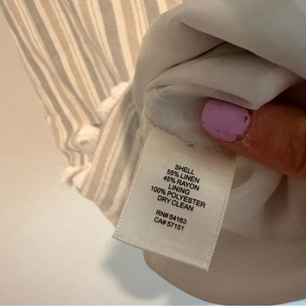 Eliza J Striped Linen Mandarin Collar Tassel V-Neck Sleeveless Dress Tan Cream 8 - Image 5