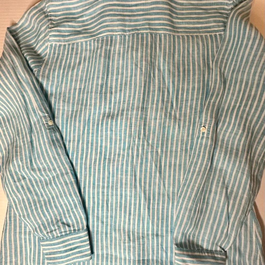 Talbots striped linen button up long sleeve small white and baby blue collared‎ - Image 11