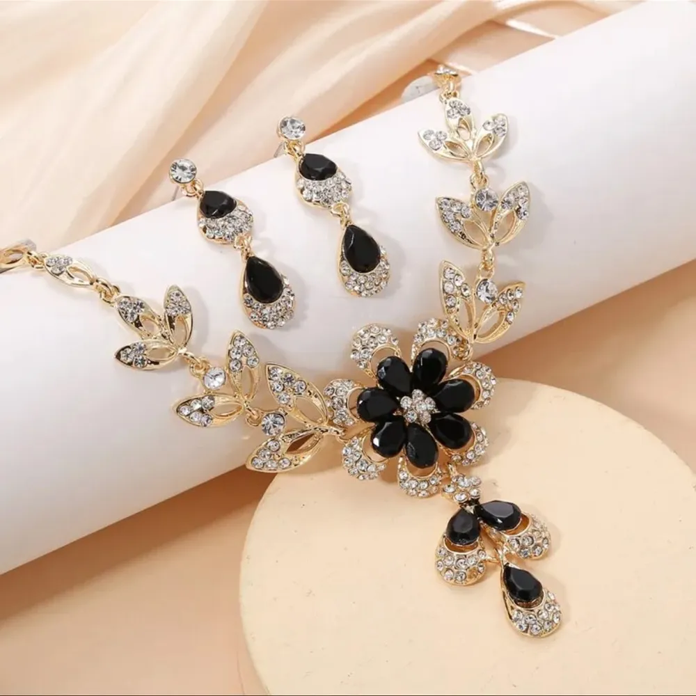 Black Crystal Flower Women Earring Necklace Jewelry Sets Luxury Gold Color - Image 2