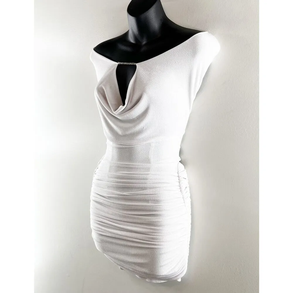 Lucy in the Sky Slinky Cowl Neck Ruched Bodycon Mini Dress White XXS - Image 6