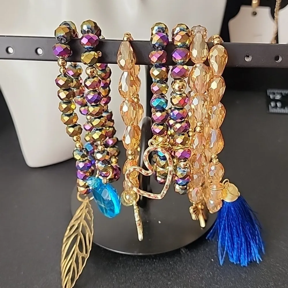 Hand Made Set of 7 AB Gold Crystal Glass Bracelets with Gold Charms Seman… Purple - Image 2