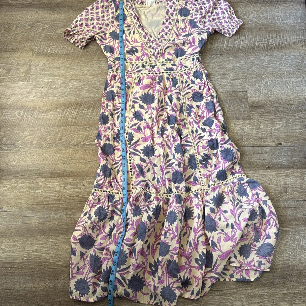 dRA Los Angeles Puff Sleeve Midi Dress With Crochet Trim In Ivory / Purple SZ S - Image 5