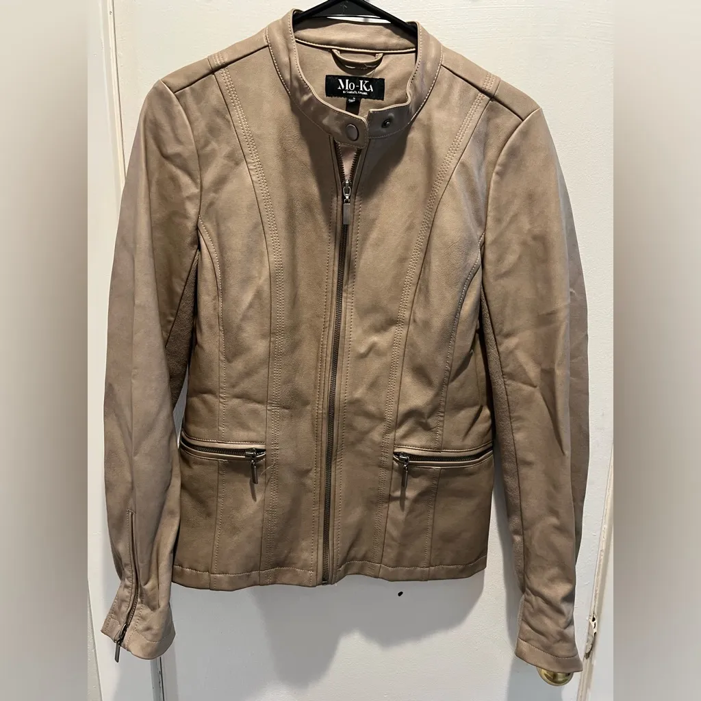 Tan faux Leather Jacket with Tailored Silhouette and Standing Collar - Image 3