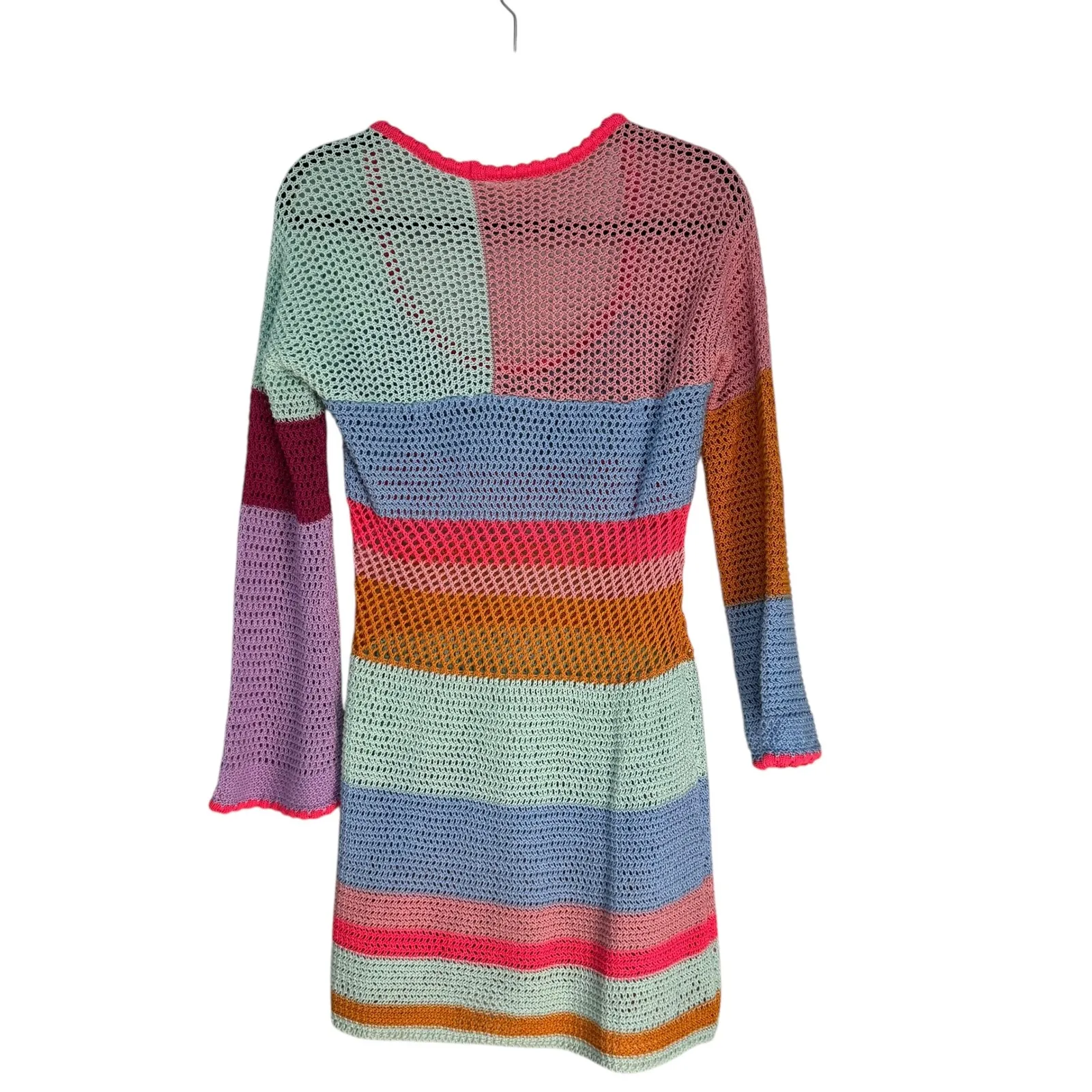 Chunky Crochet Striped Sweater Dress Beach Cover Up Beachwear XL Bell Sleeves Blue - Image 5