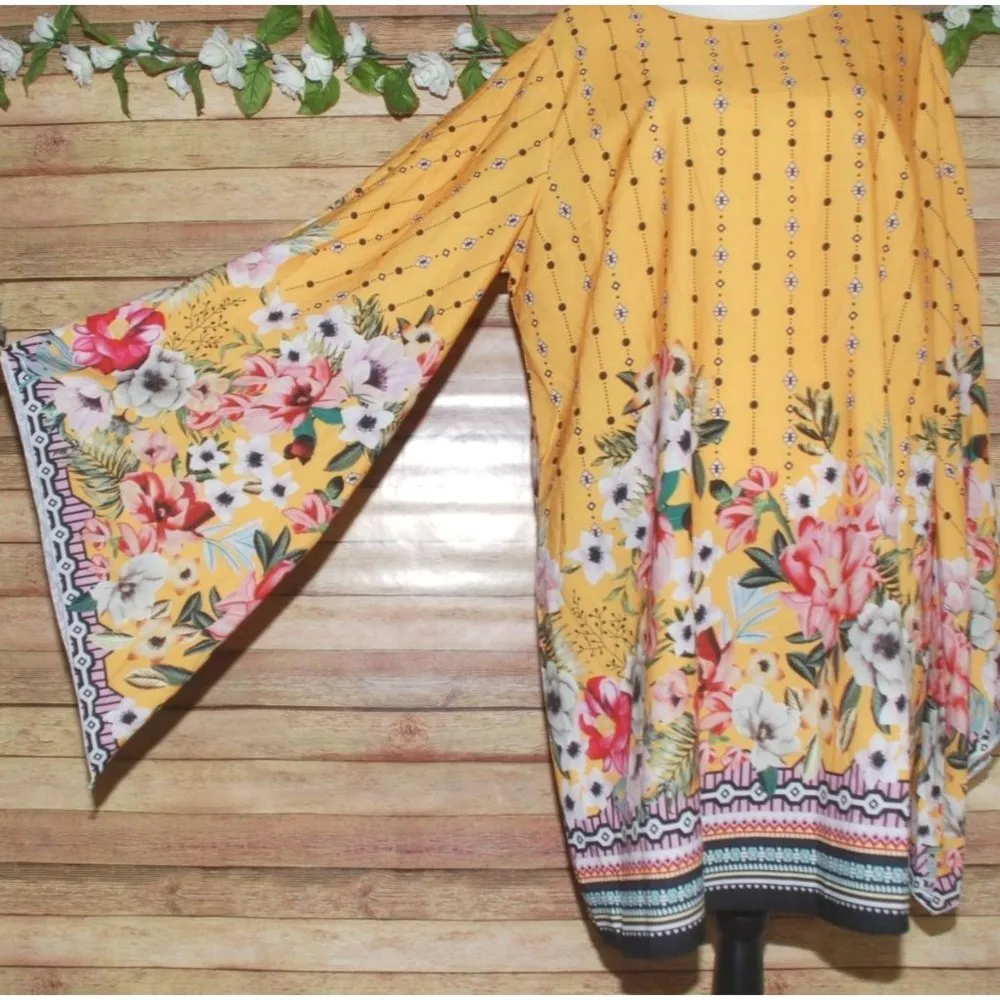 Shein Curve 2XL Yellow Shift Dress Long Kimono Sleeve Floral Knee Length Casual - Image 6