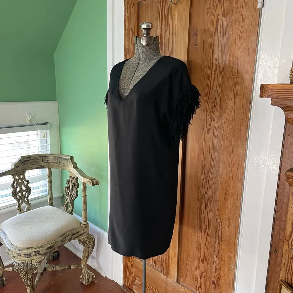 Marie Oliver Black Silk Feather Fringe Sleeve V-Neck Mini Shirt Dress - Sz XS - Image 4