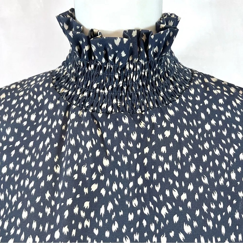 Long lantern sleeve blue and ivory frill trim high neck blouse top size XS - Image 2