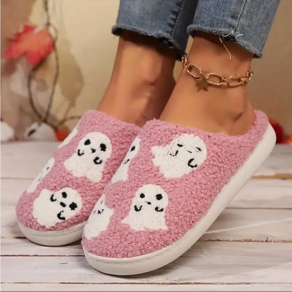 Pink Halloween Ghost Slippers | Cozy Spooky Cute House Shoes NWT Size 8 - Image 5