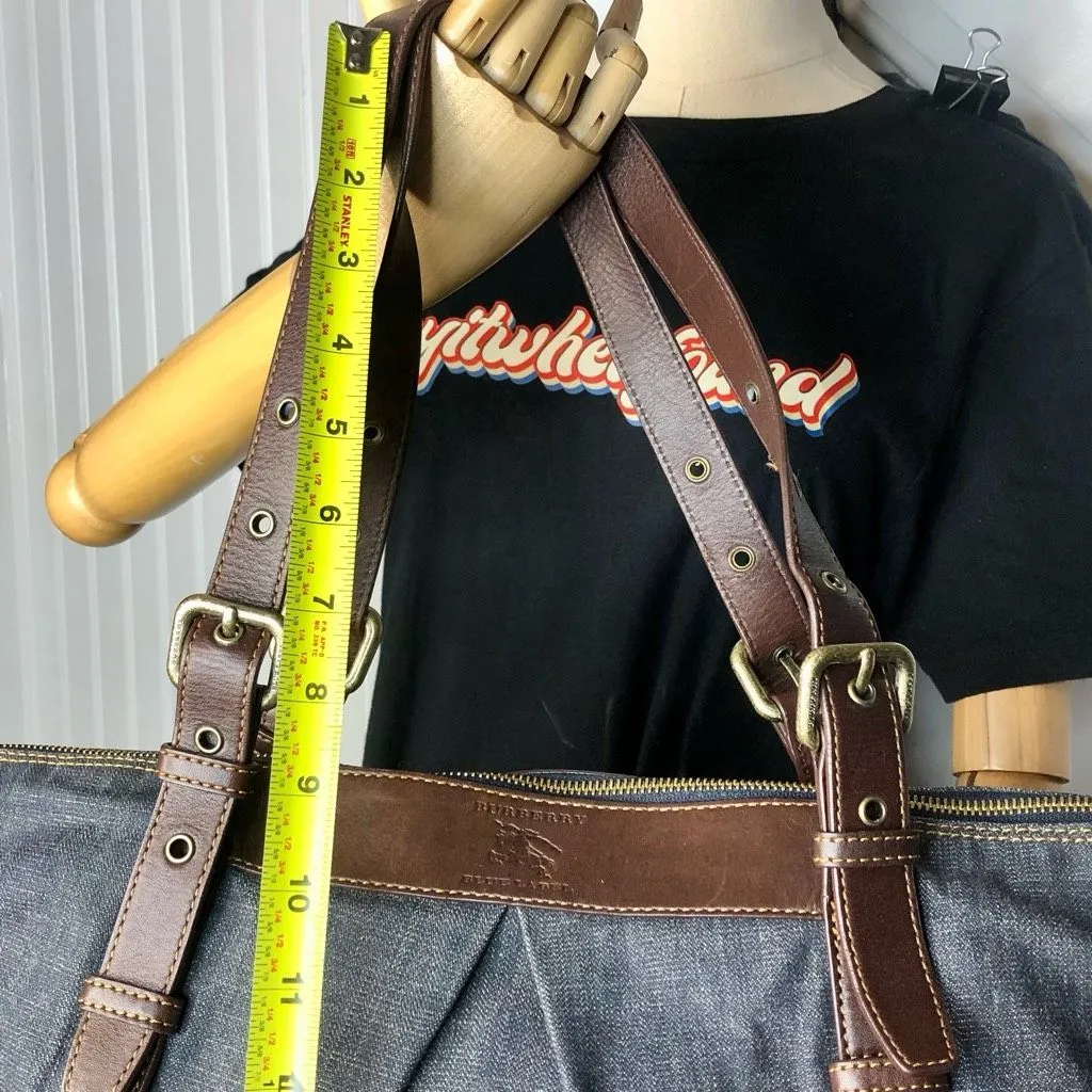 BURBERRY BLUE LABEL Denim Top Zip Shoulder Bag w/ Adj Brown Leather Straps RARE - Image 7