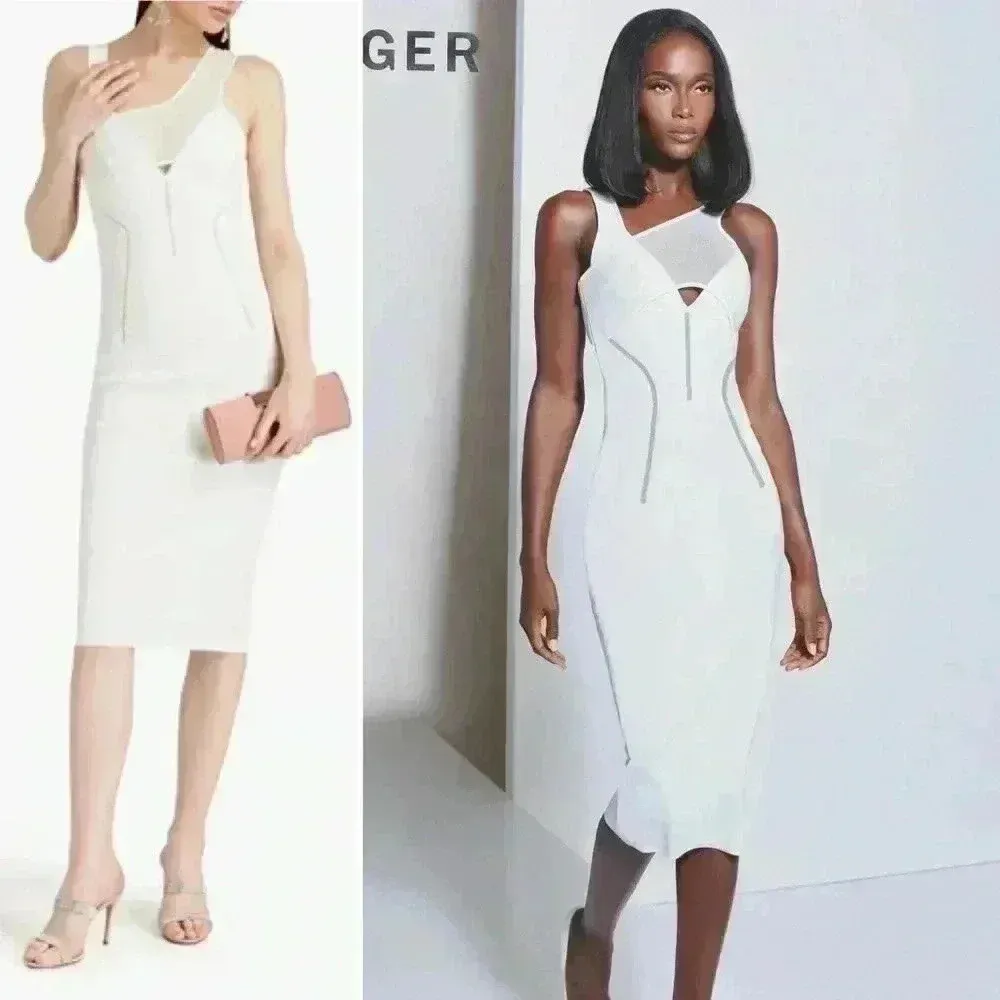 NWT - HERVÉ LÉGER X LAW ROACH Layered Sheer Intarsia Midi Dress Size Large White - Image 2