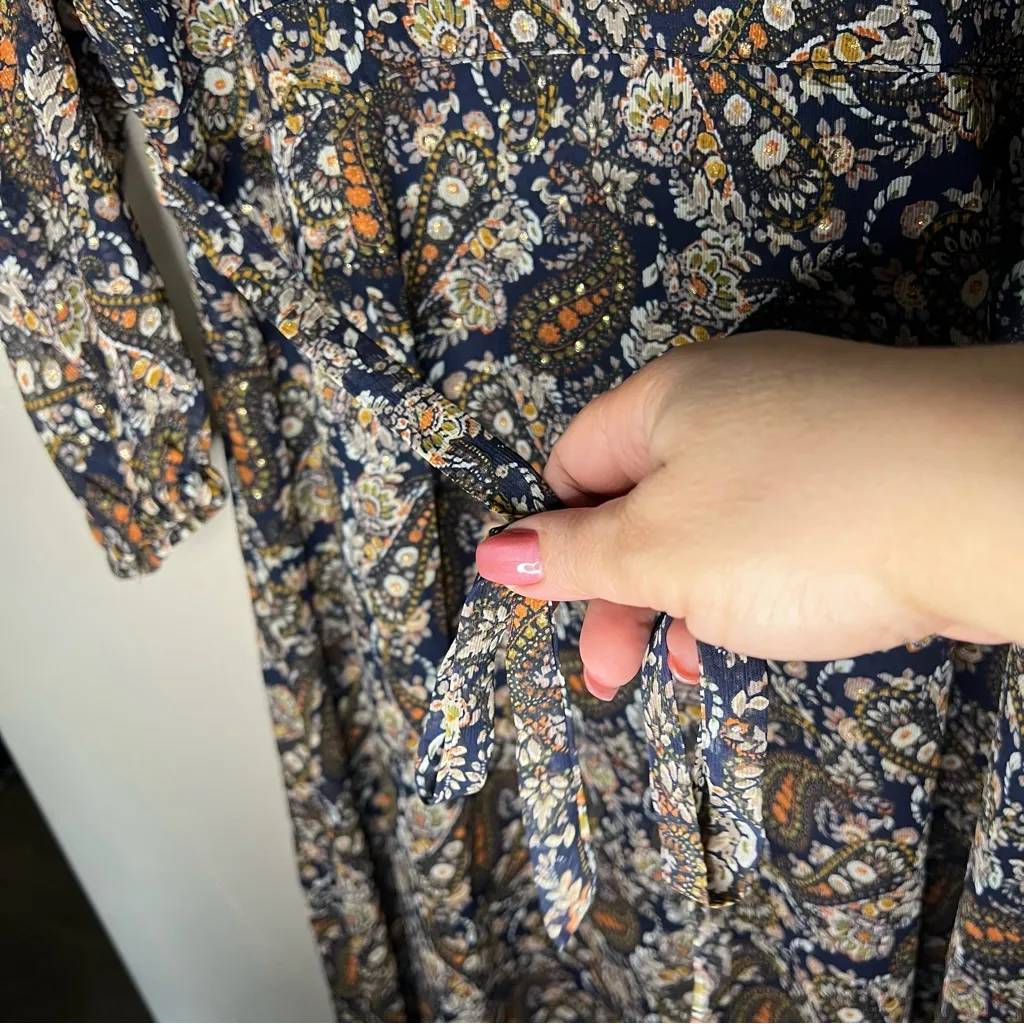 Natural Life Floral Paisley Bishop Sleeve VNeck Tie Waist Button Down Maxi Dress - Image 12