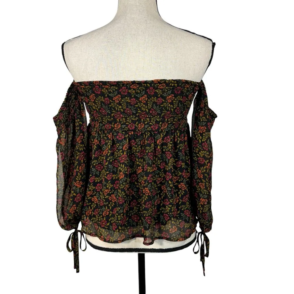 American Eagle X-Small Top Floral Off-Shoulder Lined Split 3/4 Sleeves Smocked - Image 6