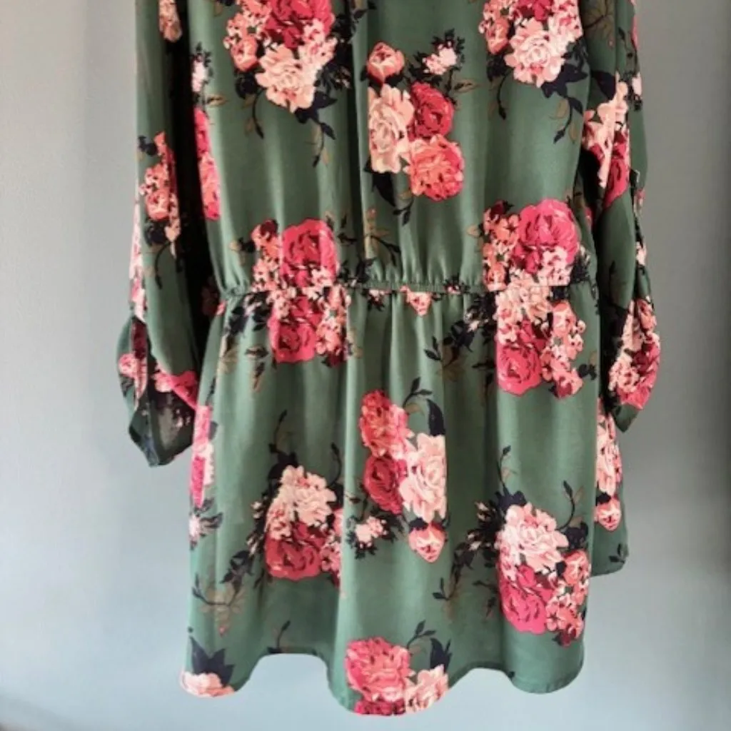 Stella Tweed Tunic 2X Green Floral Gold Zip Front Drawstring Waist Garden Boho - Image 4