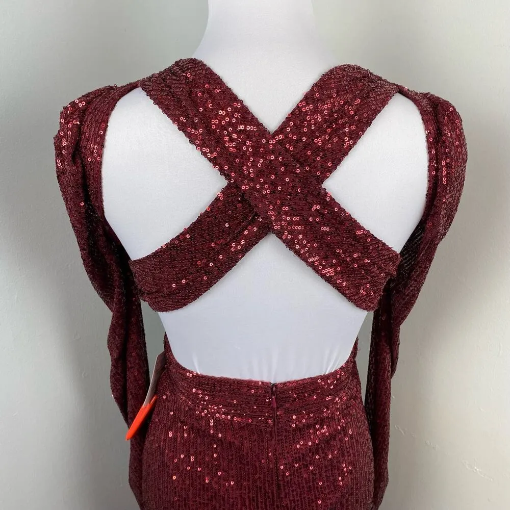 Mac Duggal Wine Sequined Criss Cross Cutout Long Sleeve Gown Size 0 $498 26739 - Image 10