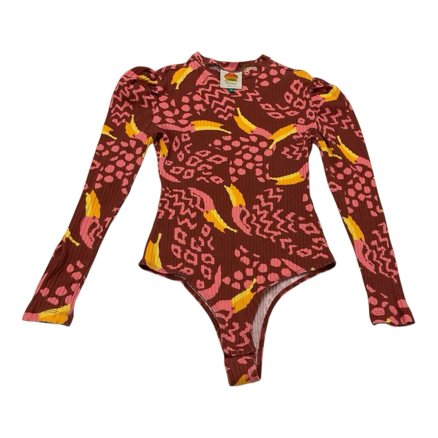 Farm Rio Toucanissimo Long Sleeve Stretch Cotton Bodysuit Size S Burgundy - Image 4