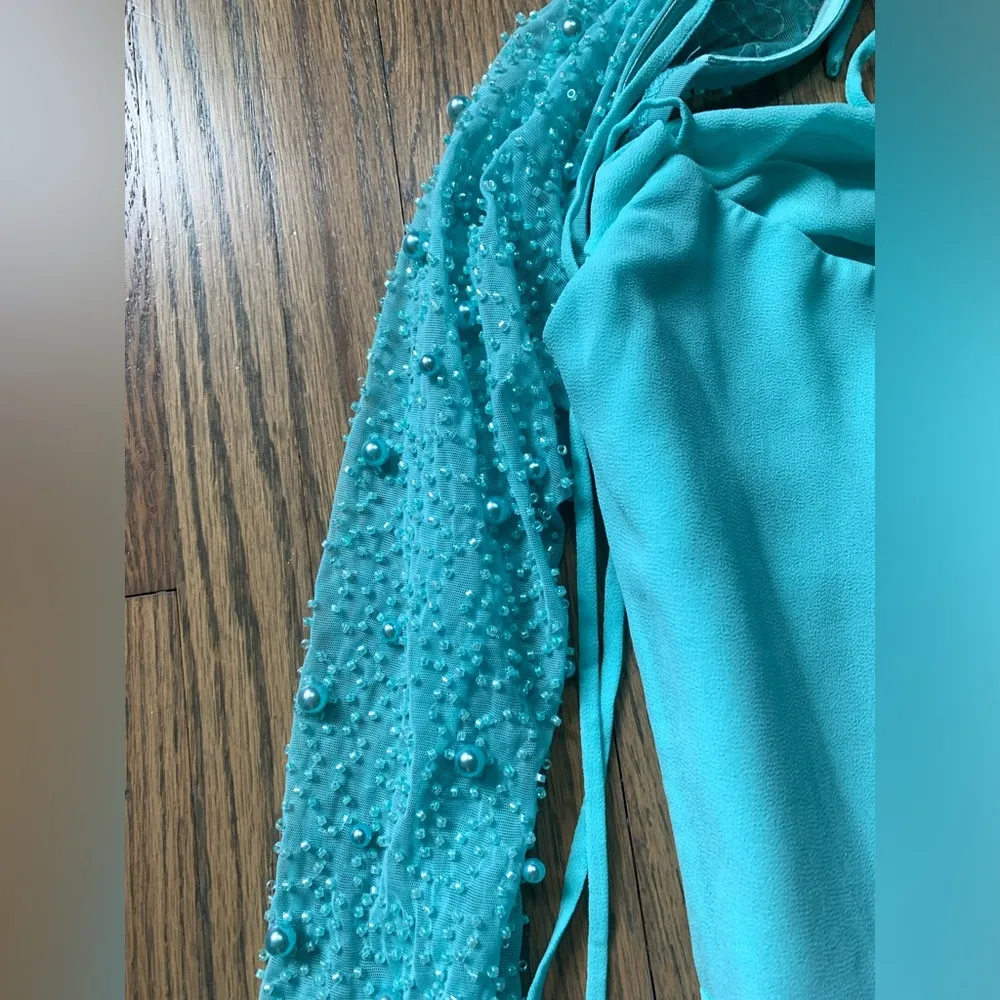 NWT Oh Polly Florence long sleeve cowl neck A-line mini dress 4 aqua - Image 7