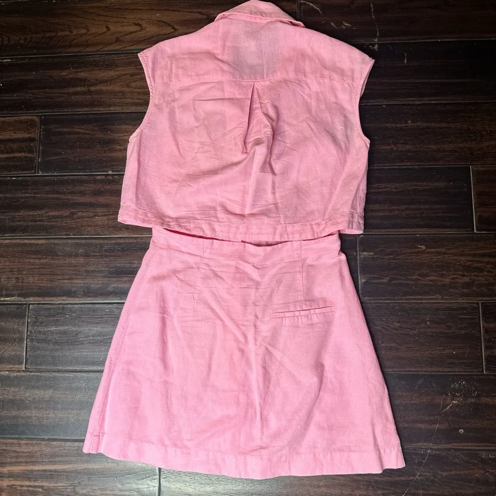 Button down dress with collar casual boho indie pink crop top high waisted skirt - Image 3