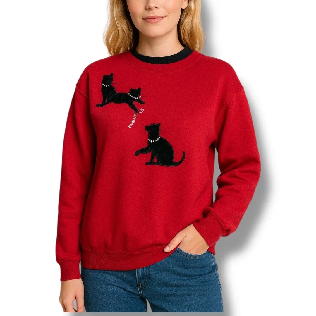 Vintage 90s Red Cat Sweatshirt Rhinestone Velvet Applique Crewneck Small Kitsch - Image 10
