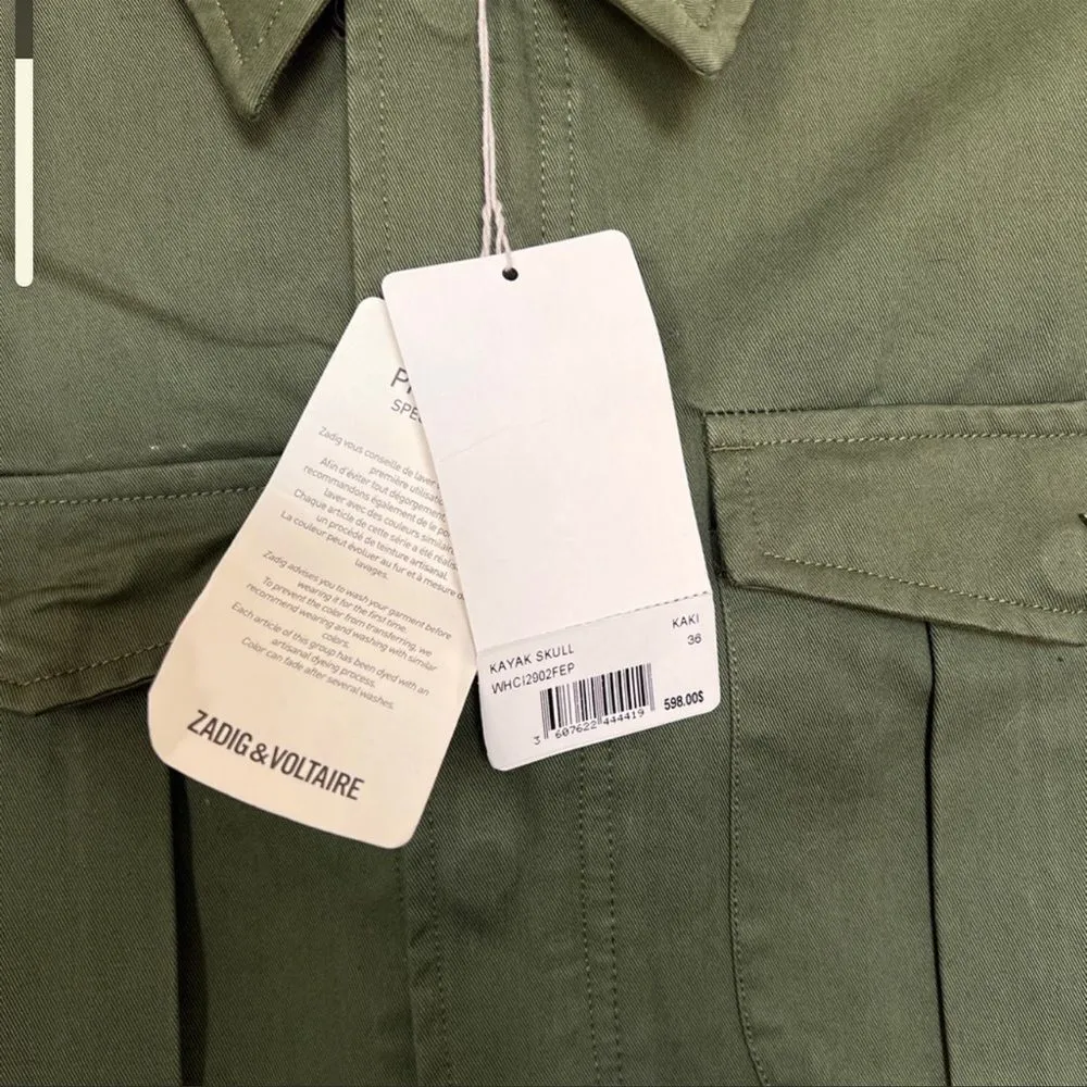 ZADIG AND VOLTAIRE Women's 100% Cotton Kayak Skull Khaki Military Jacket size 36 - Image 7