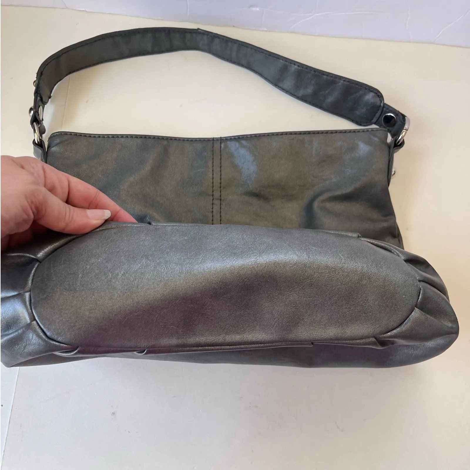 Nine West Faux Leather Y2K Boho Tote Bag Purse Gray Tassels Slouch Studded Hobo - Image 7