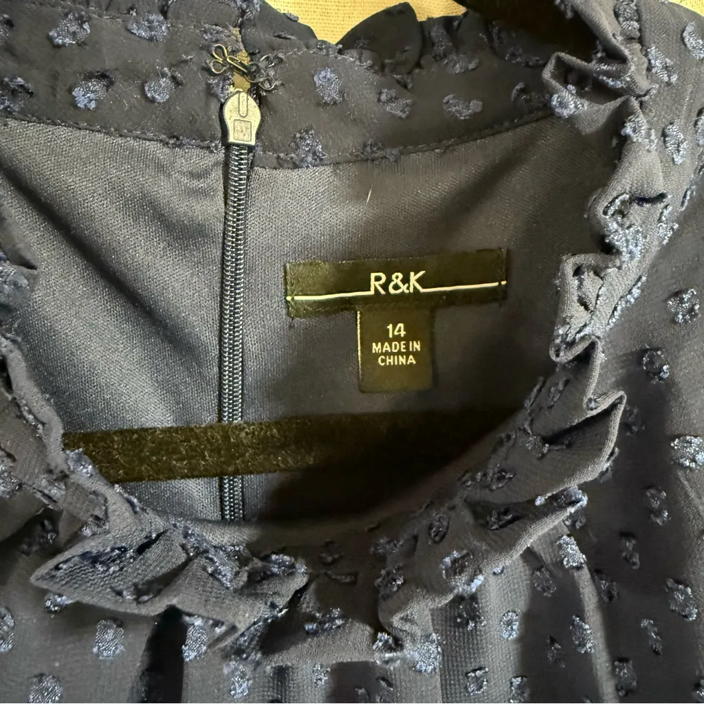 R&K Navy Blue Dotted Design High Neck Long Sleeve Dress Size 14 - Image 2