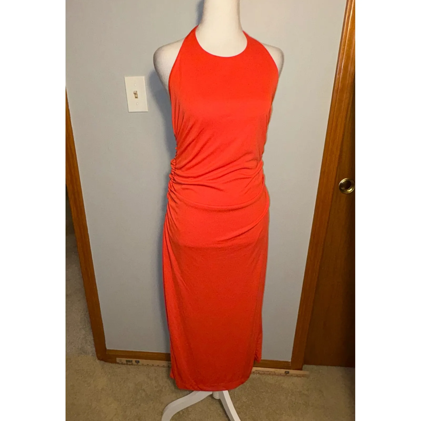 Anthropologie slinky knit Ruched Halter Neck Midi Dress Orange red - Image 3