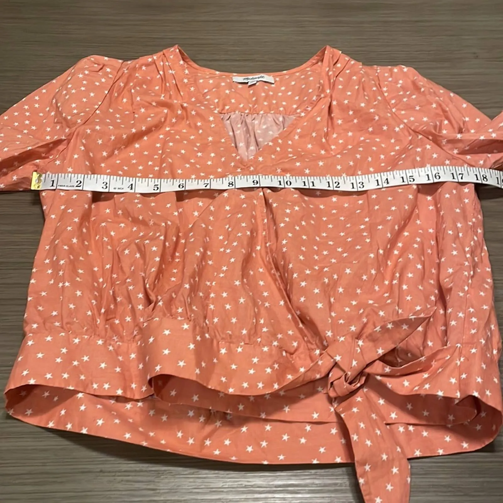 Madewell Pink Coral‎ & White Wrap Long Sleeve Top in Star Scatter Size M - Image 9
