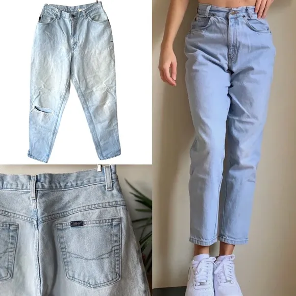Vintage 90s CHIC H.I.S. Lightwash High Rise Mom Jeans 100% Cotton Knee Rips Blue Size 29 - Image 2