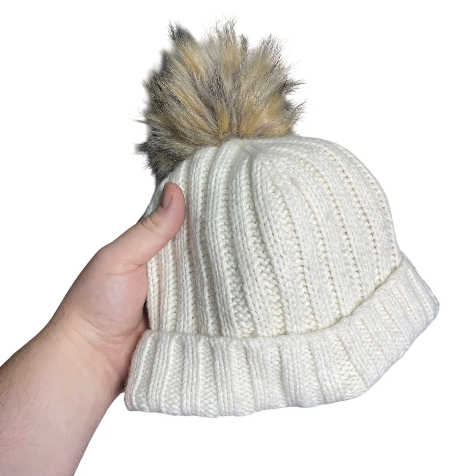 NWT J CREW Women’s Cream Cashmere Cableknit Beanie with Faux Fur Trim - Image 3