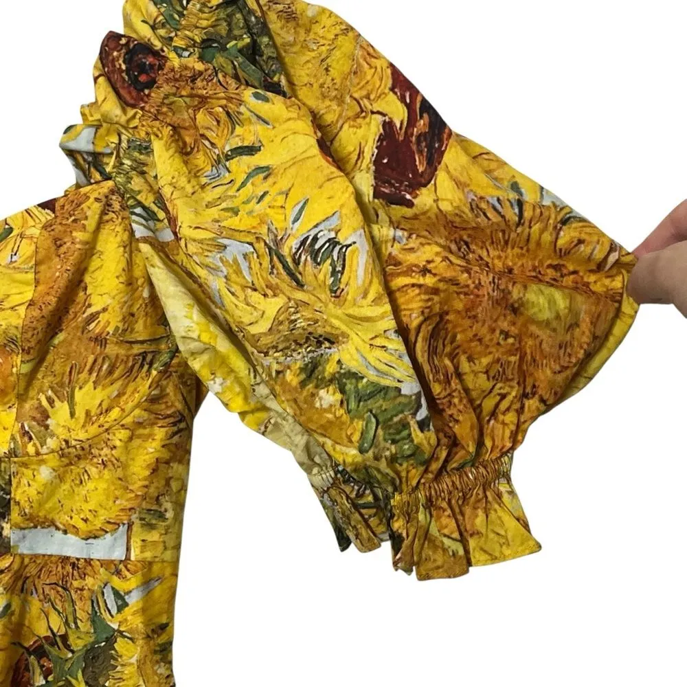 Selkie Tea Rose Dress Women’s Small Yellow Sunflower Cotton Puff Sleeve Midi - Image 11