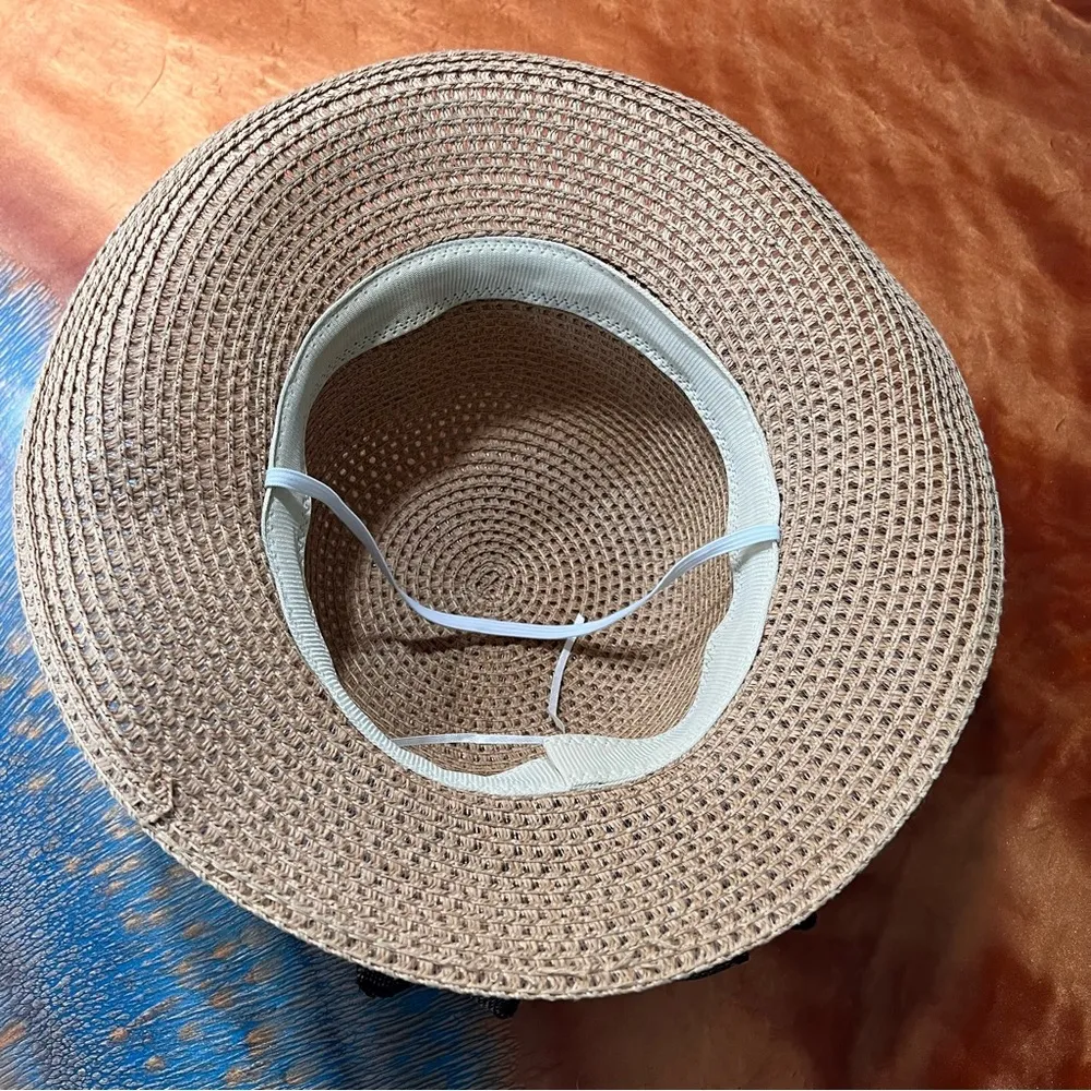 Woven Straw Sunhat Ribbon grosgrain bow chin strap adjustable Tan - Image 4