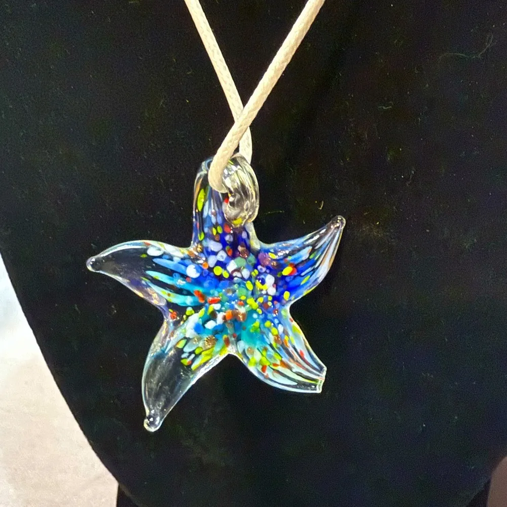 Hand Blown Glass Starfish Pendant Necklace Blue - Image 3