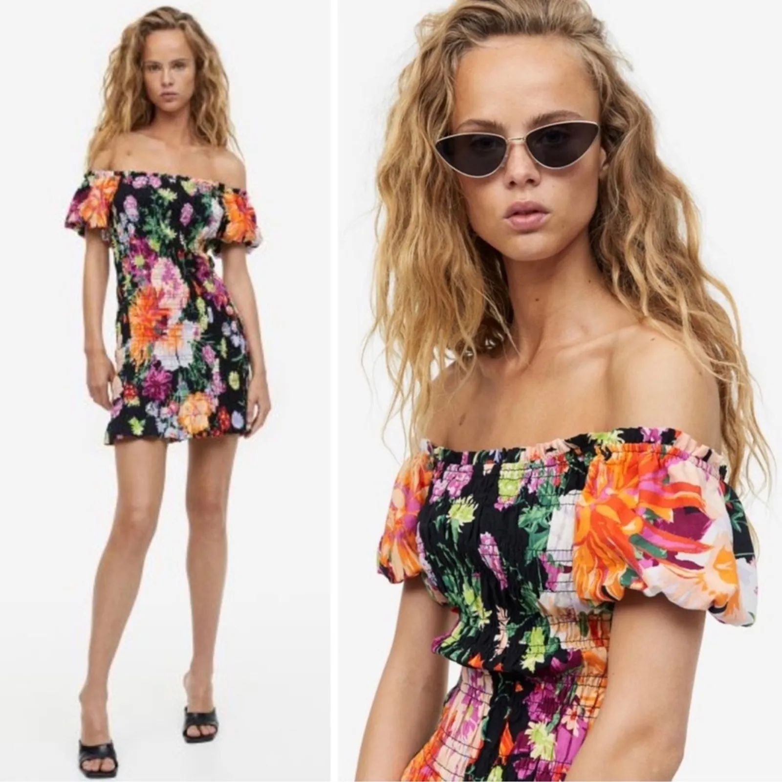 H&M Dress Black Pink Orange Floral Smocked Off Shoulder Puff Sleeve Large NEW - Image 2
