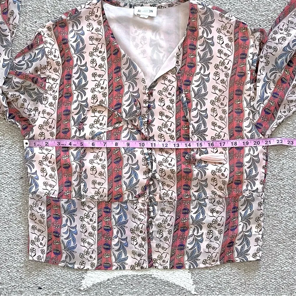 Anthropologie Allison New York Pink Floral Button Front Tassel Tie Blouse Small - Image 7