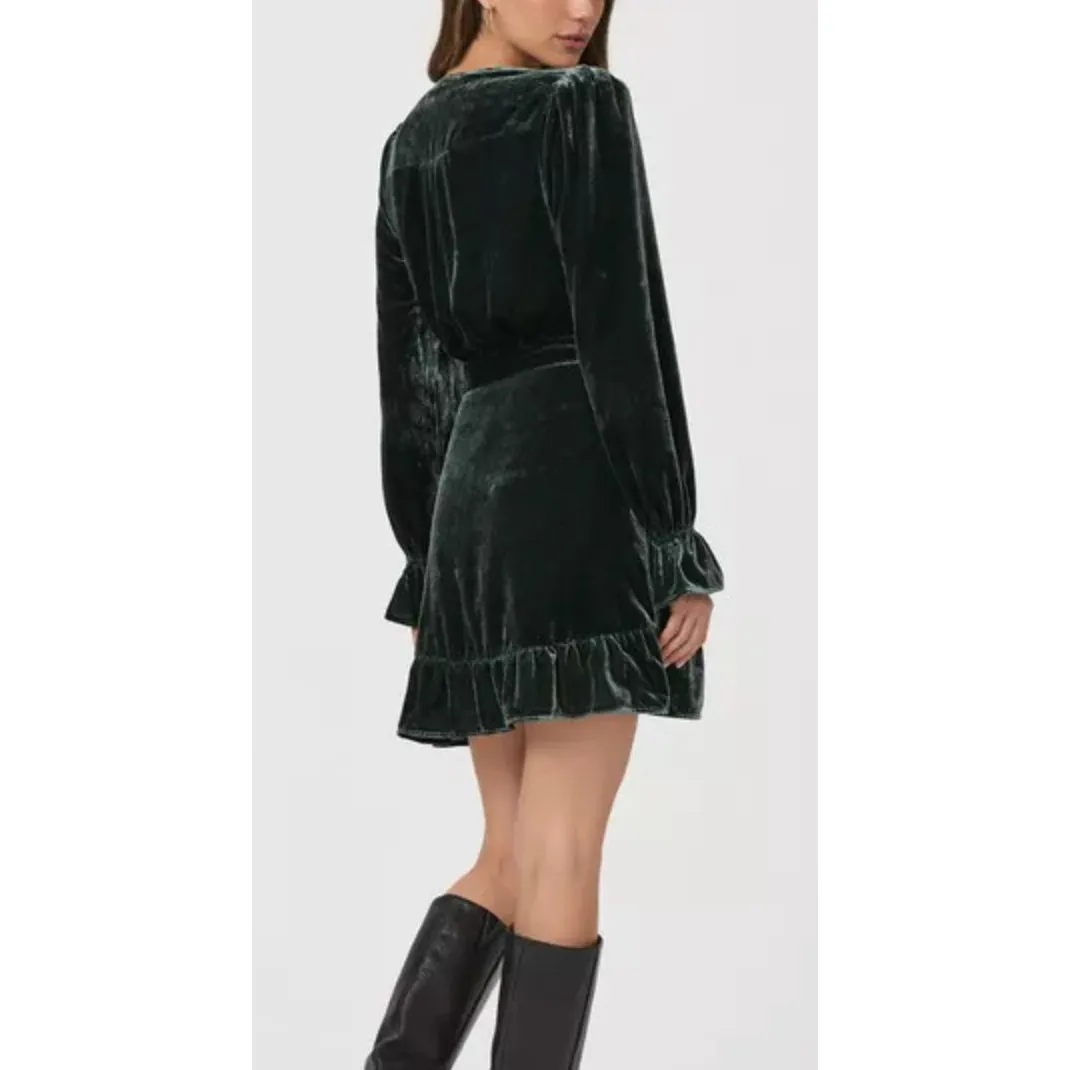 PAIGE Green Velvet Wrap Mini Dress Long Sleeve XS - Image 3