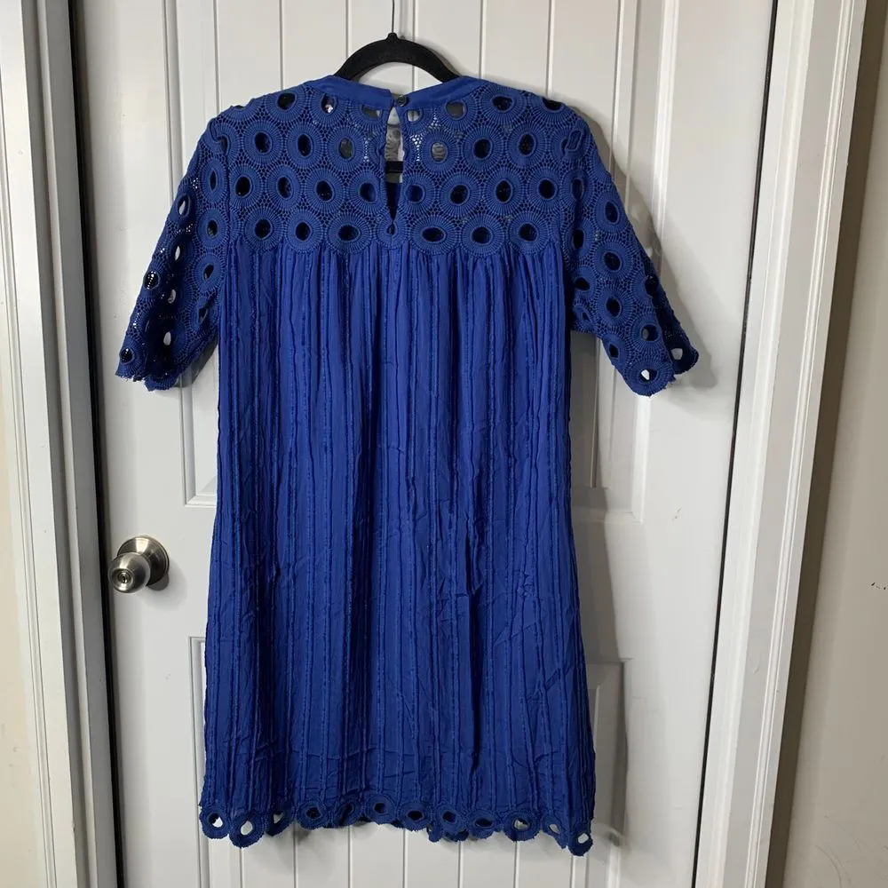 See New‎ York Royal Blue Eyelet Lace Cotton Silk Midi Dress Size 6 - Image 6