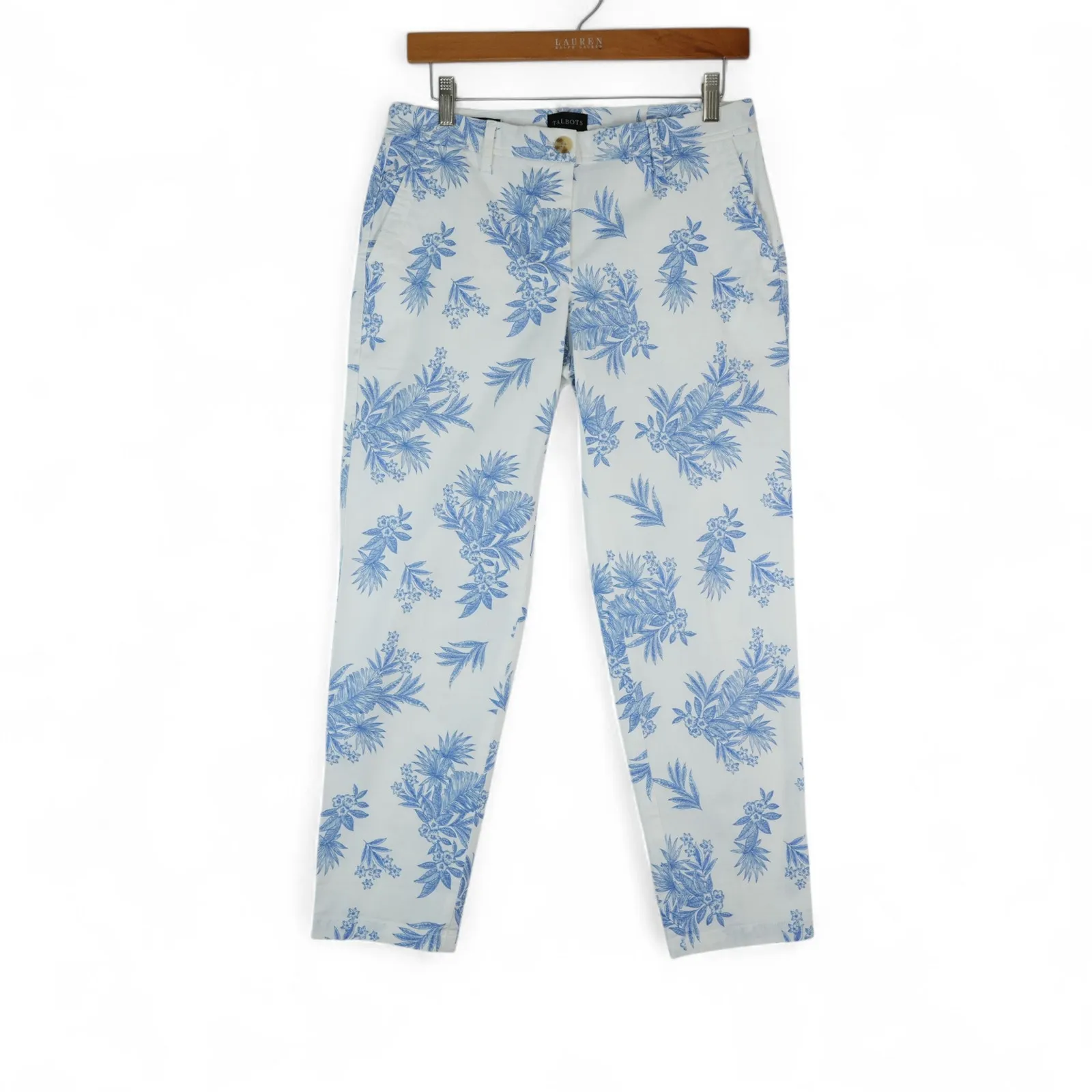 Talbots Pants Womens 2P Blue White Floral Cotton Relaxed Chino Cropped Preppy - Image 2