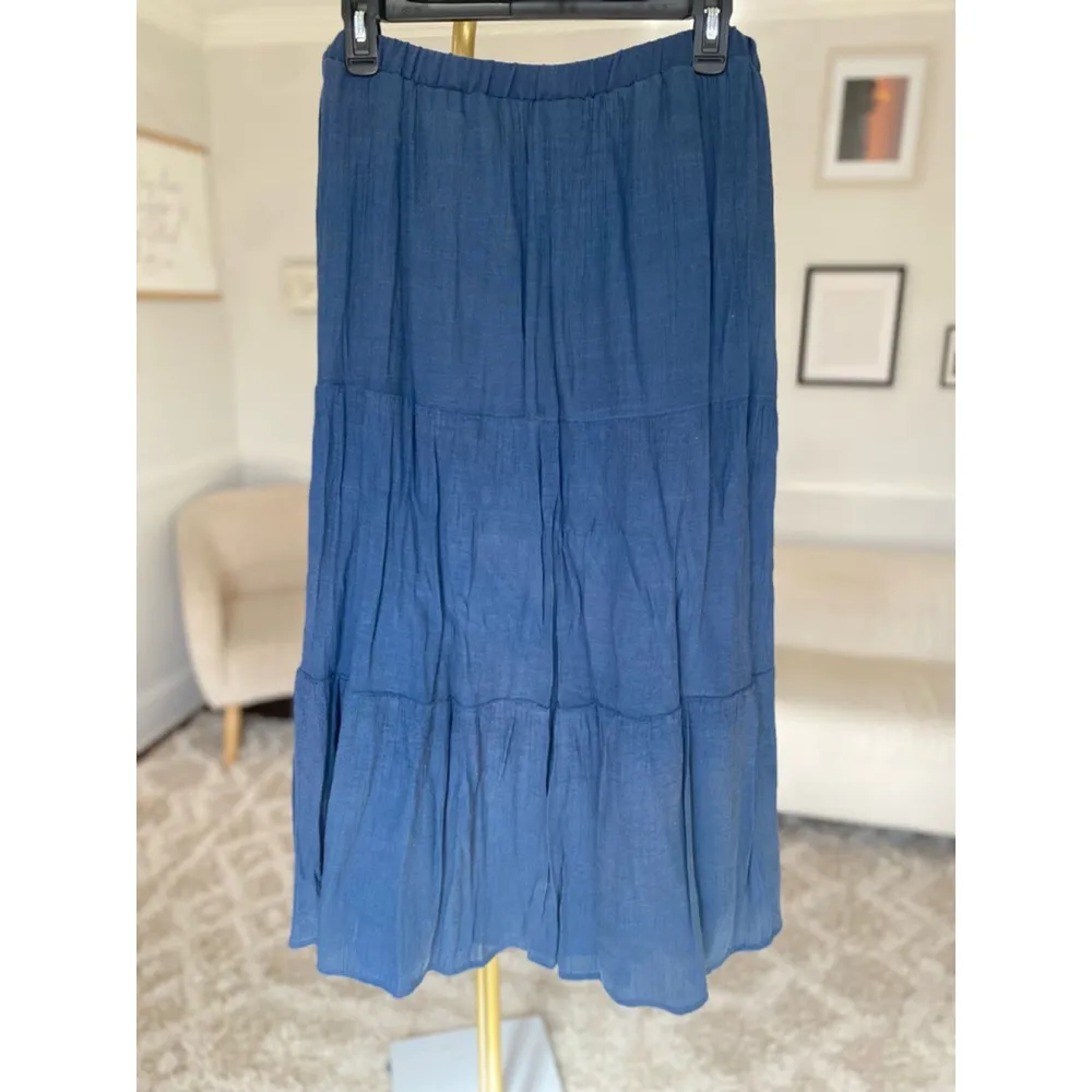 Tacera Gauze Maxi Tiered Skirt Blue Boho Elastic Waistband Cottagecore Earthy - Image 3