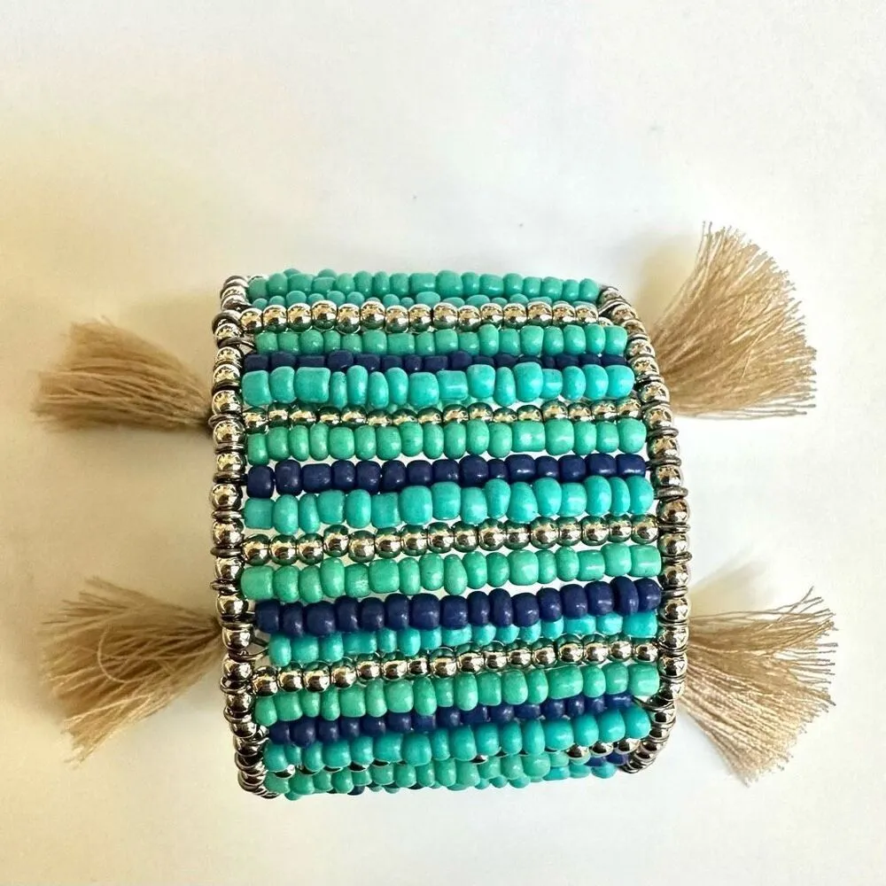 Blue beaded tassel open cuff bracelet - Image 4