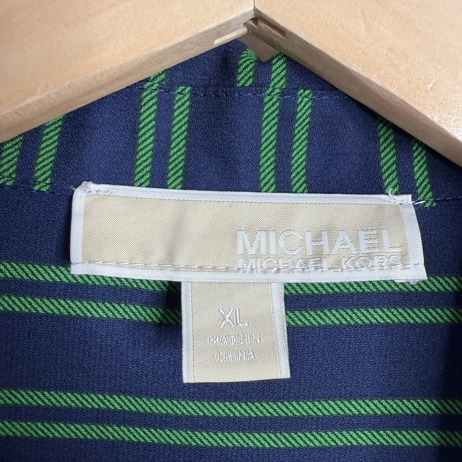 Michael Kors Women's XL Relaxed Fit Navy Green Striped Blouse Patch Pockets - Image 3
