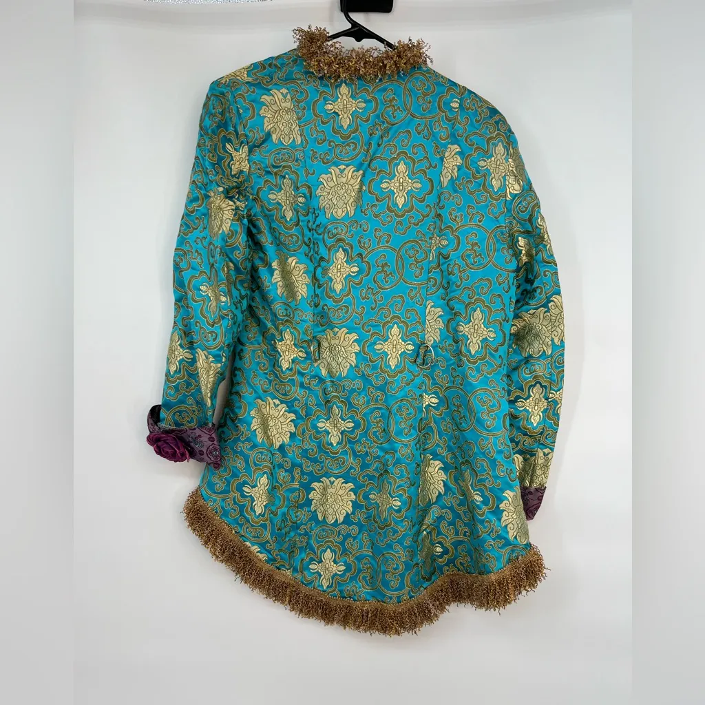 The Find Elegant Teal Gold Brocade Blazer smoking whimsical bows trim jacket Blue - Image 5