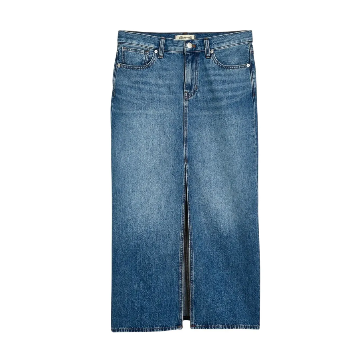 Madewell Denim Mid-Rise Maxi Skirt in Pratt Medium Wash Front Slit Size 30 - Image 4