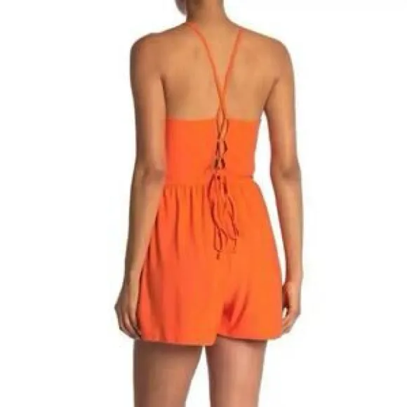 NWT Abound Romper Lace Up Back Shorts Pockets Summer Orange Fluro Size Small - Image 3